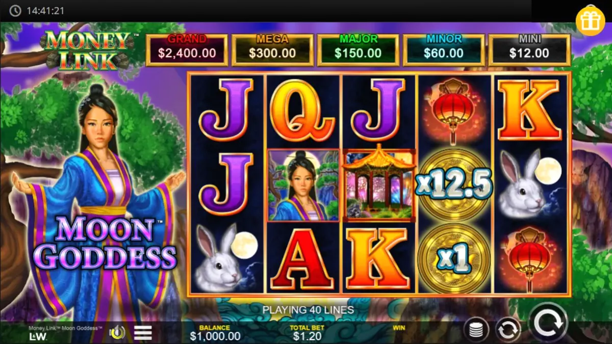 Tampilan visual slot Money Link Moon Goddess dengan tema Dewi Bulan dan taman malam yang tenang