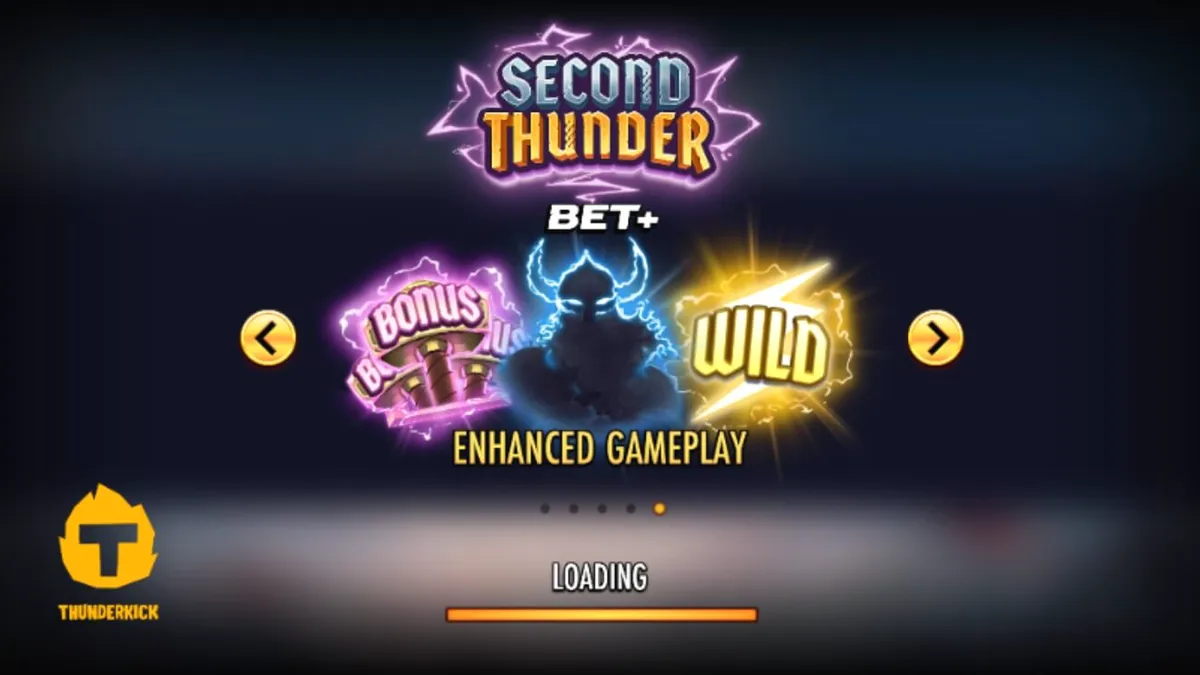 Tampilan antarmuka seluler gim slot Second Thunder dengan latar belakang medan perang musim dingin