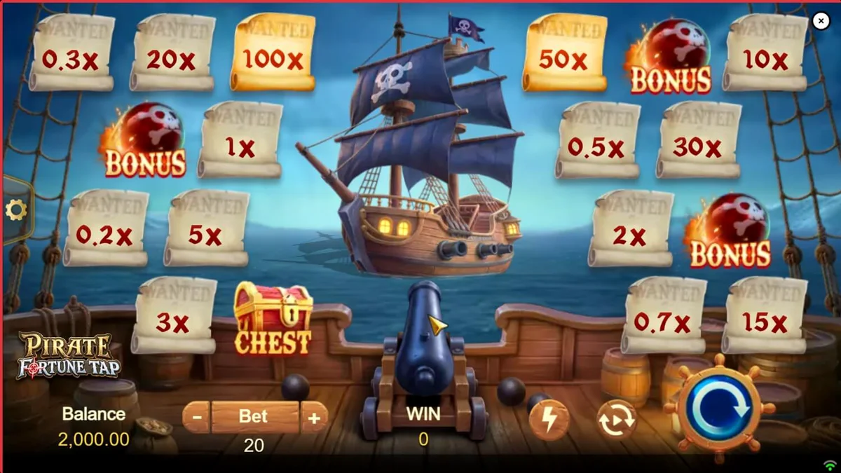 Tampilan antarmuka permainan Pirate Fortune Tap dengan meriam dan target bajak laut