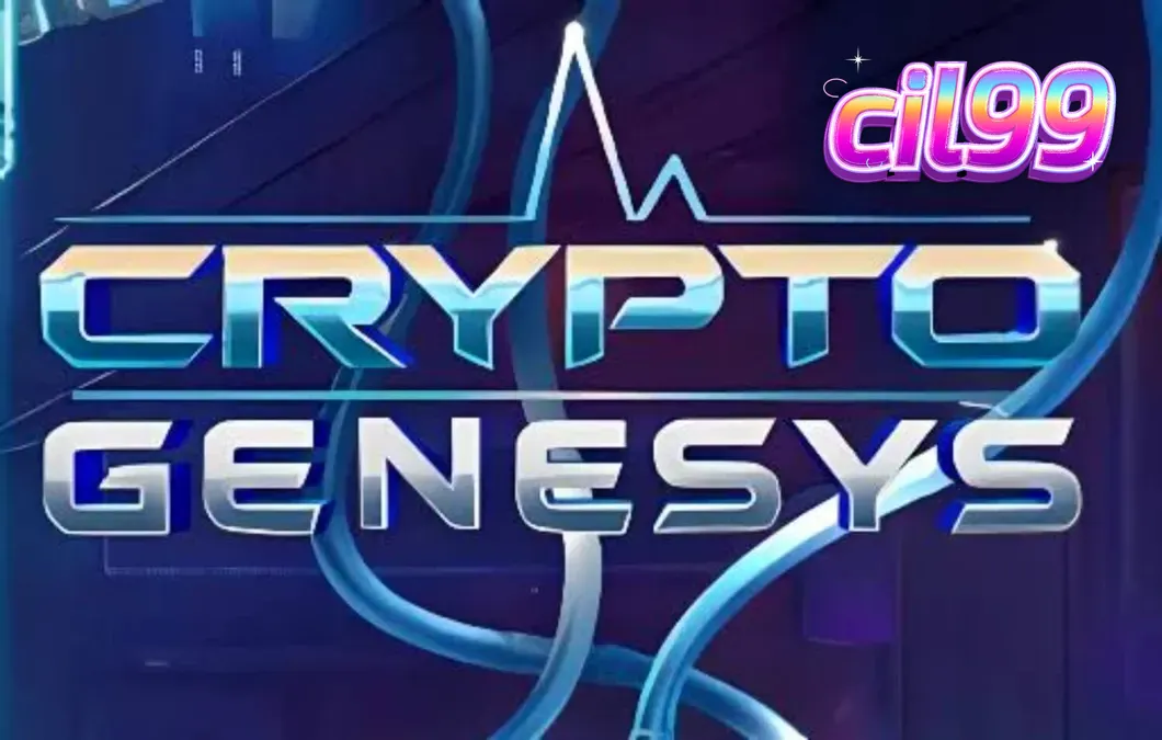 Tampilan layar permainan slot Crypto Genesys dengan latar belakang kota cyberpunk neon.
